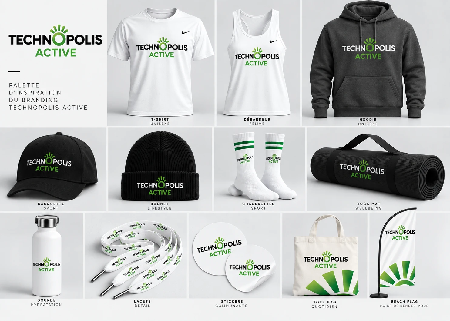 Technopolis Active branding concept: apparel, bottles, bags and on-site signage