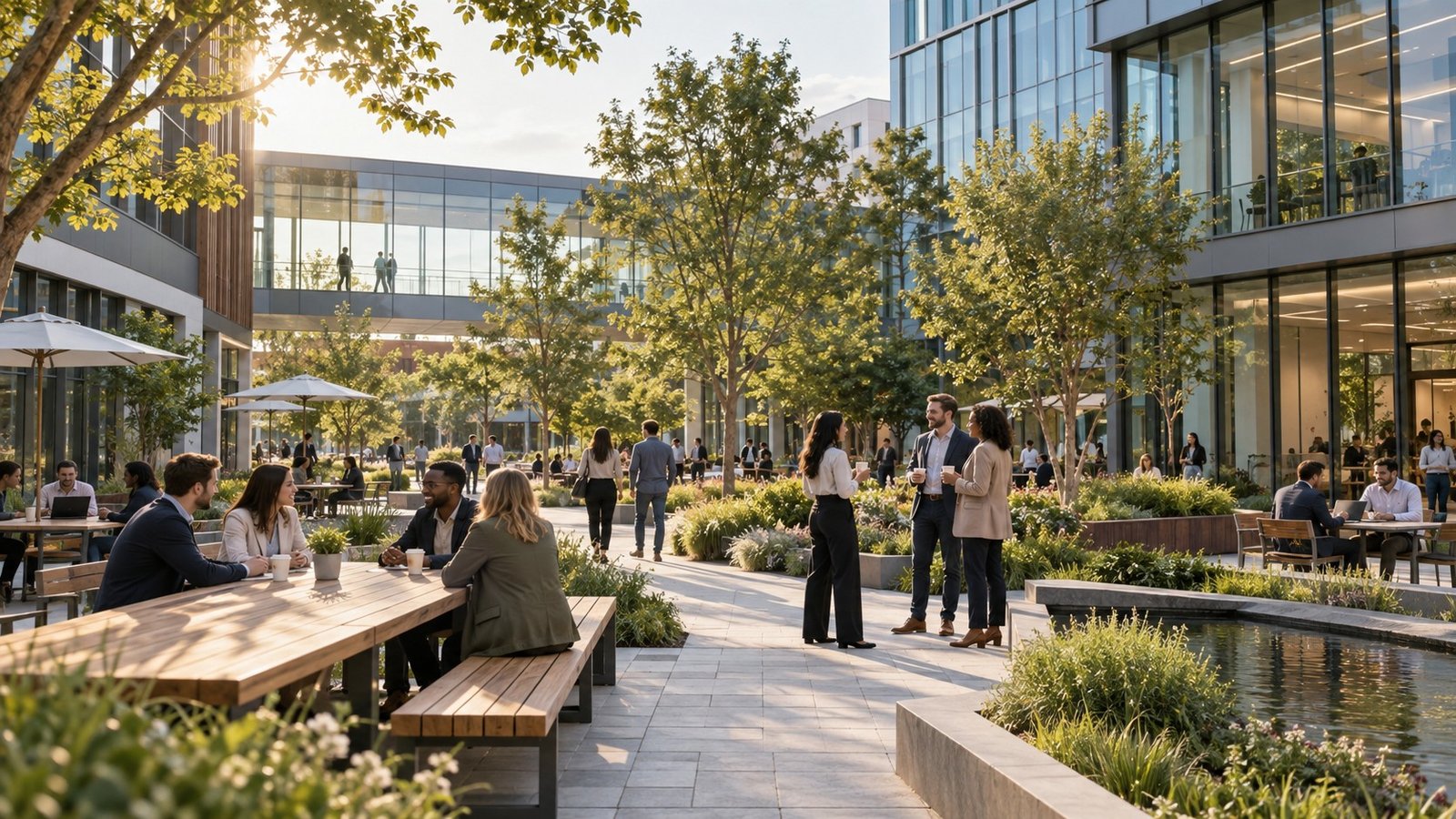 Illustrative scene of people meeting in a contemporary business campus courtyard
