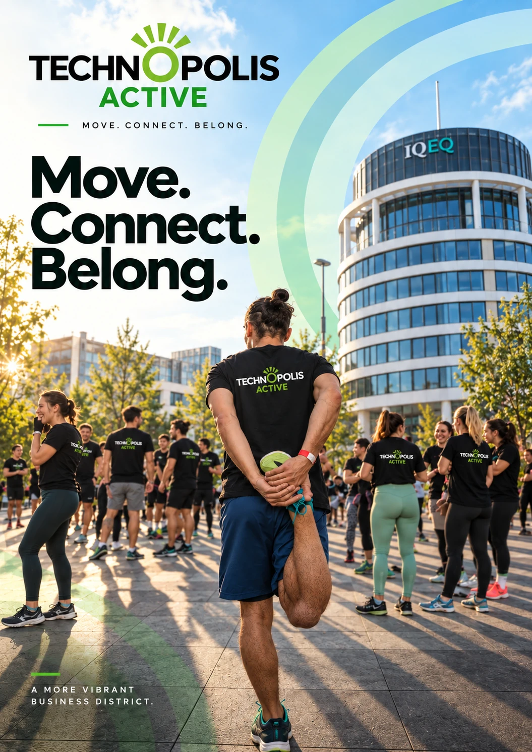 Technopolis Active campaign concept: Move. Connect. Belong. People gathering outside a campus building